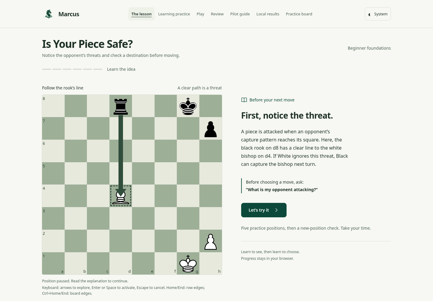 Current public Marcus lesson with its chessboard and guided threat explanation.