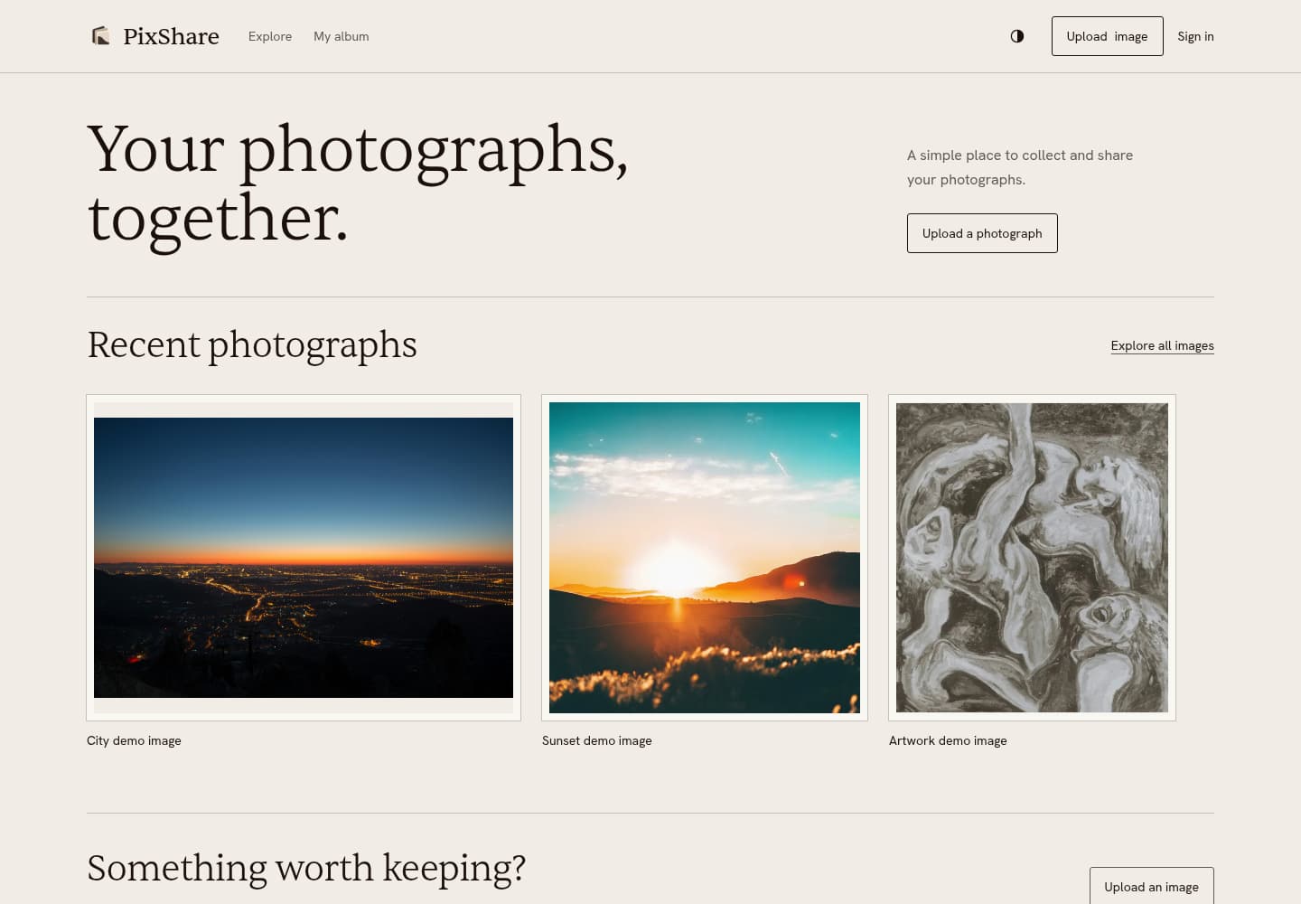 PixShare photo album in its Atelier theme with real bundled photographs.