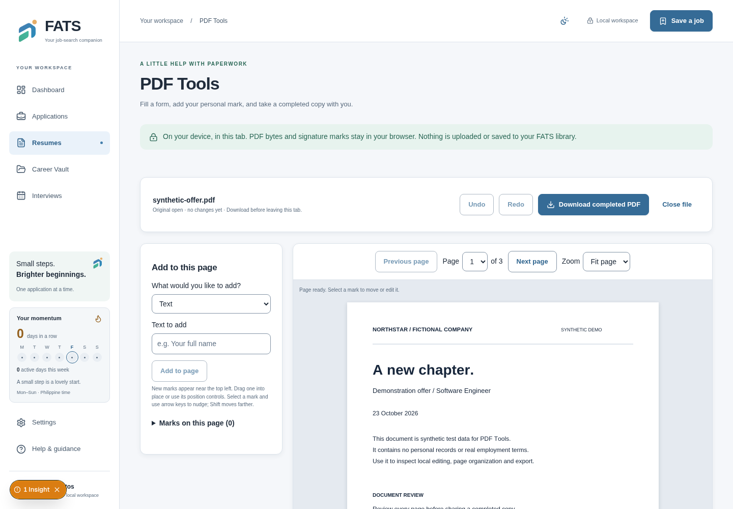 Existing FATS PDF editor with a synthetic document.