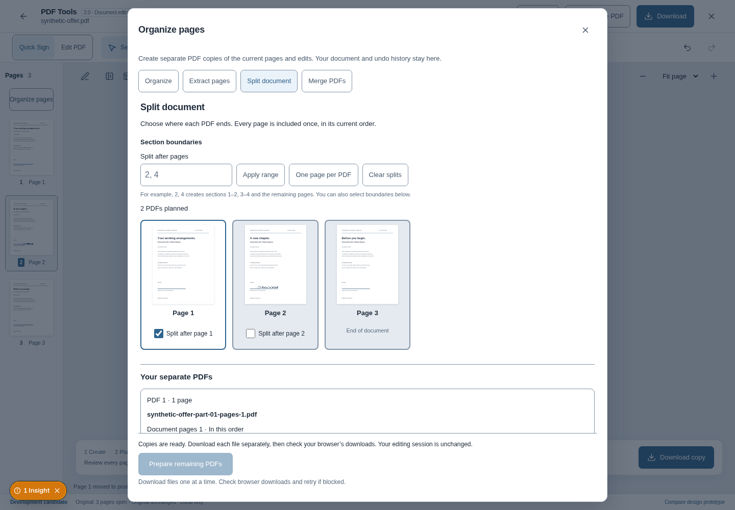 PDF v2 split dialog for a synthetic three-page document.
