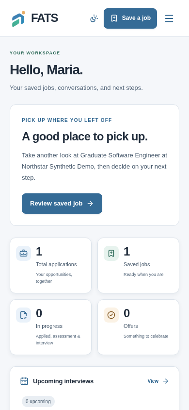 FATS main dashboard on mobile with a fictional saved job.