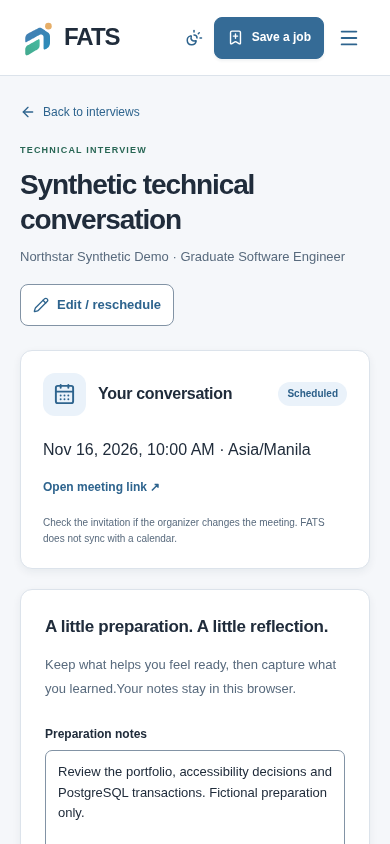 FATS fictional interview preparation on mobile.