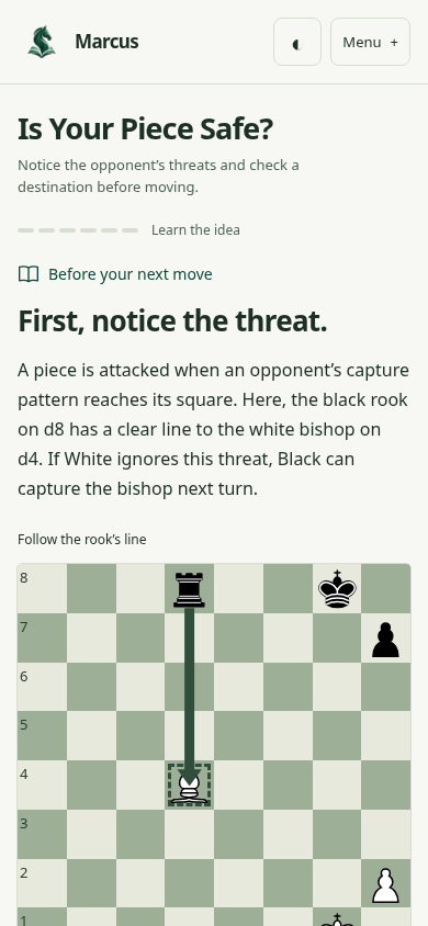 Marcus lesson and chessboard on mobile.