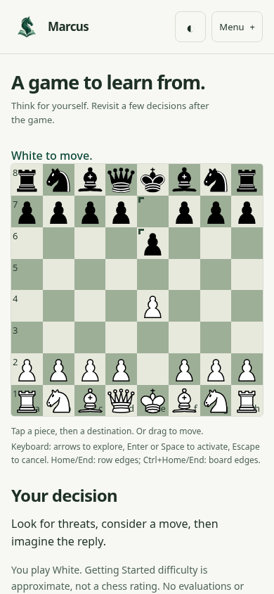 Marcus real Stockfish game after a legal engine reply on mobile.