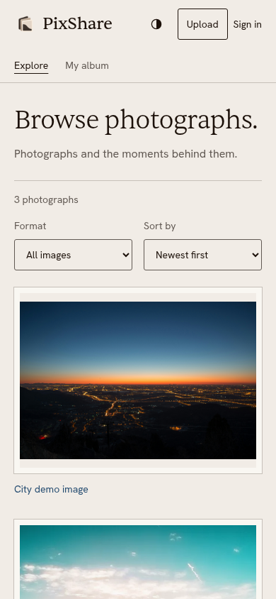 PixShare local public gallery on mobile with bundled photographs.